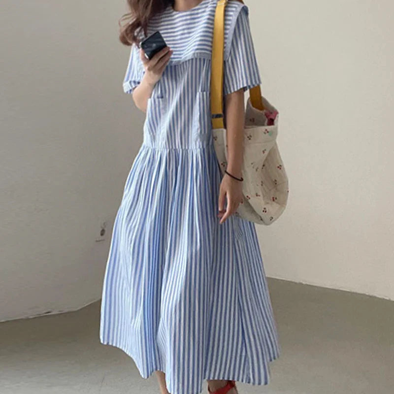 Jeena™ | Korean Blue Striped Long Dress